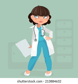 Vector illustration of a female medical doctor with short brunette hair