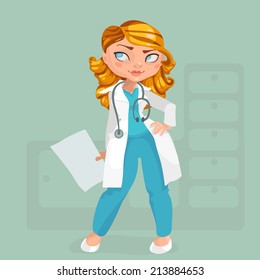 Vector illustration of a female medical doctor brunette with long red hair