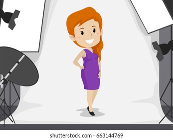 Vector Illustration of a Female Model doing Photo shoot inside a Studio