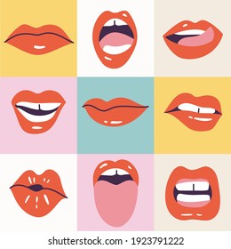 Vector illustration female mouths. Red lipstick. Various of mimic, emotions, facial expressions. Poster for print