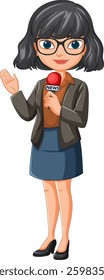 Vector illustration of a female news reporter holding a microphone, featuring a modern style with vibrant colors and clean lines