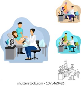 Vector Illustration of female obstetrician doctor doing ultrasonography on women pregnant patient who is expecting baby with her husband. Suitable for background landing page banner slider infographic