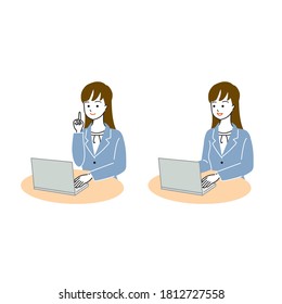 Vector illustration of a female office worker who uses a computer at a desk