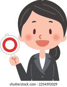 Vector illustration of a female office worker with a correct answer mark.