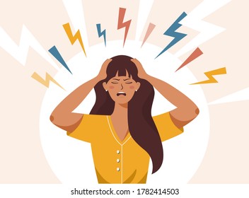 Vector illustration of female with open mouth, clutching at head with both hands, suffering from headache, panic and depression. 