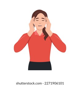 Vector illustration of female with open mouth, clutching at head with both hands, suffering from headache, panic and depression.Flat vector illustration