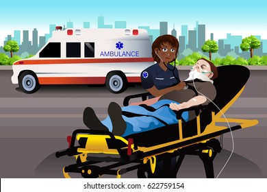 A vector illustration of Female Paramedic Examining a Patient