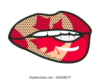 Vector illustration of female passionate lips with a Canadian flag on white isolated background