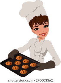 Vector illustration of a female pastry chef showing a tray of chocolate chip cookies.