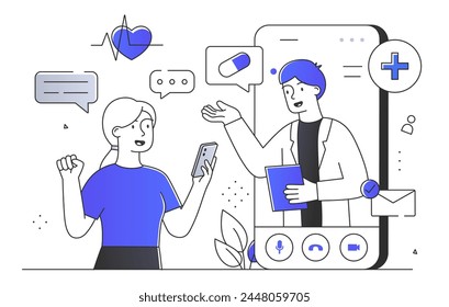 Vector illustration of a female patient with a smartphone and a male doctor inside a mobile interface, with healthcare symbols on a white background. Vector illustration