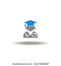 Vector illustration of female person with graduation cap. Icon of graduate nurse doctor. Symbol of medical intern.