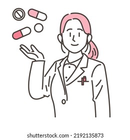 Vector illustration of a female pharmacist in a white coat smiling as she guides a pharmaceutical product onto her palm.