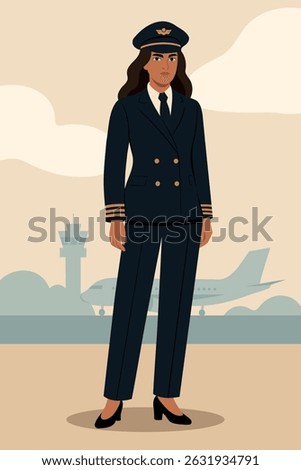 Vector illustration of a female pilot profession. Labor Day. Aviation Day. Women's power and independence. Feminism. Gender equality, empowerment. Use for women's projects