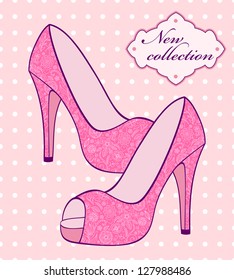 Vector illustration of female pink shoes with floral pattern