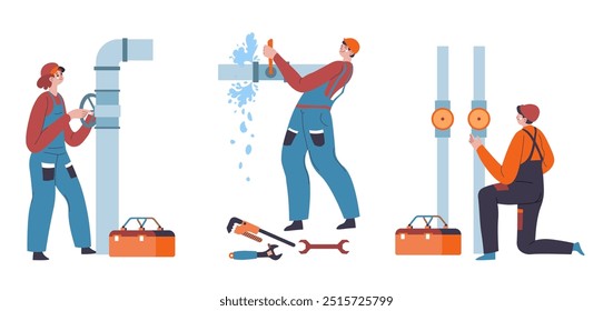 A vector illustration of a female plumber fixing a water pipe. Flat style with simple colors. Isolated on white background. Ideal for plumbing services or repair visuals.