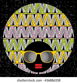 Vector illustration with female portrait. Head of beautiful afro girl in sunglasses during summer time.