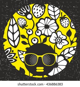 Vector illustration with female portrait. Head of beautiful afro girl in sunglasses during summer time.