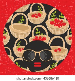 Vector illustration with female portrait. Head of beautiful afro girl in sunglasses during summer time.