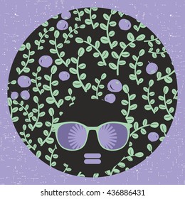 Vector illustration with female portrait. Head of beautiful afro girl in sunglasses during summer time.