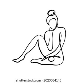 Ilustración vectorial. Retrato femenino en un estilo lineal, cabeza de mujer, niñas en una línea sobre un fondo blanco. Diseño de postales, ropa, impresión, embalaje