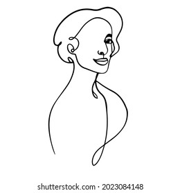 Ilustración vectorial. Retrato femenino en un estilo lineal, cabeza de mujer, niñas en una línea sobre un fondo blanco. Diseño de postales, ropa, impresión, embalaje