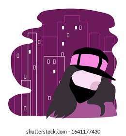 
Vector illustration of a female portrait in a mask on a city-background. Coronovirus quarantine concept. Remedy for infection. Woman in a baseball cap and mask.