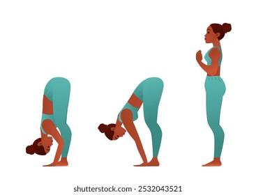 Vector Illustration of a Female Practicing Tadasana, Uttanasana, and Deep Forward Fold Asana, Yoga sequence