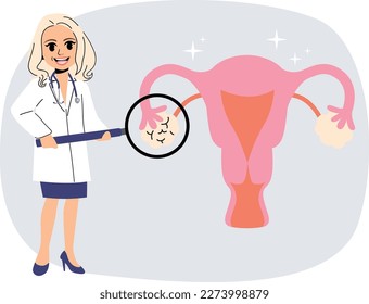 Vector illustration of female professional gynecologist doctor holding magnifying glass showing ovary close up. Family planning concept