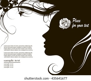 Vector illustration female profile with long curly hair and space for text