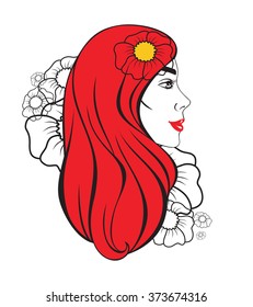 Vector illustration of a female profile with red hair and flowers