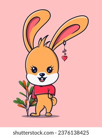vector illustration of a female rabbit posing cutely with plants around her. animal activity icon concept