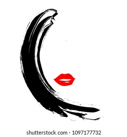 Vector illustration of female red lips with hair