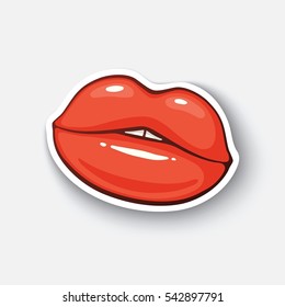 Vector illustration. Female red lips. Sexy kiss. Cartoon funny sticker in comic style with contour. Decoration for greeting cards, posters, patches and prints for clothes, flyers, emblems