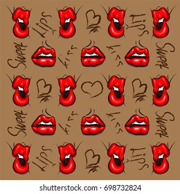 Vector illustration of female red lips isolated on beige background. Mouth with a kiss, smile, teeth and kiss, lips, sweet lettering on background. Pattern in pop art retro style.
