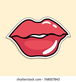 Vector illustration. Female red lips. Sexy kiss. Cartoon funny sticker in comic style with contour. Decoration for greeting cards, posters, patches and prints for clothes, flyers, emblems