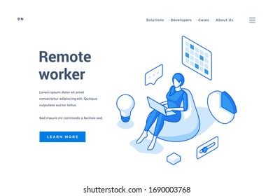 Vector illustration of female remote worker using laptop for work on creative project near description and link button on banner. Isometric web banner, landing page template