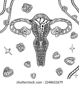 Ilustración vectorial del sistema reproductivo femenino. Libro de colorear para adultos anti estrés. Genitales femeninos estilizados, negros y blancos, útero