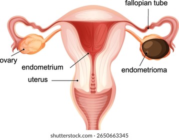 Ilustração vetorial do sistema reprodutor feminino destacando útero, ovários e endometrioma. Etiquetas claras e precisão anatômica