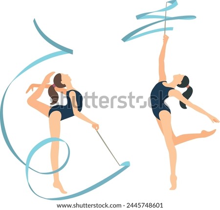 Vector illustration of female rhythmic gymnast players with ribbons. Сoncept of physical practice in flat style 