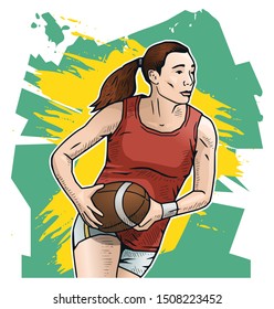 Vector Illustration Of Female Rugby Player Running With Ball. Touch Rugby Sport Poster On Abstract Background