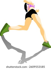 vector illustration of female runner with shadow, perspective, sportwear