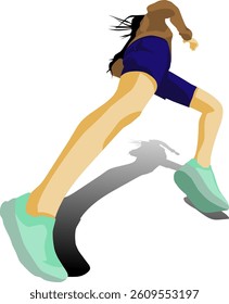 vector illustration of female runner with shadow, perspective, sportwear
