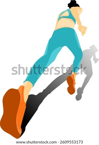 vector illustration of female runner with shadow, perspective, sportwear