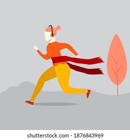 Vector illustration. female runners cross the finish line wearing a headset, marathon illustration. break down the finish rope modern flat people character.