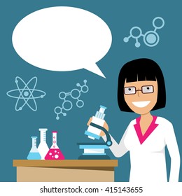 Vector illustration of female scientist with microscope, flasks and speech bubble. Flat style. Woman in glasses and lab coat doing biological or chemical research. Concept for science, education etc - Shutterstock ID 415143655