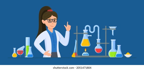 Vector illustration of a female scientist. Woman scientist working in a laboratory. 