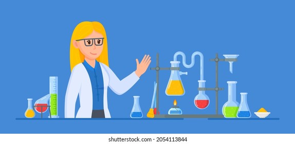 Vector illustration of a female scientist. Woman scientist working in a laboratory. 