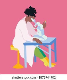 Vector illustration of female scientist working with a microscope on pink background. Laboratory, microbiology, science, study, clinical research, medicine. Banner, card, poster.