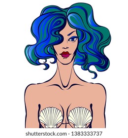 Vector Illustration female in sea shell lingerie. Mermaid portrait with blue green  hair doll.  Pretty young and fit wave haired girl . Colored woman in bikini. 