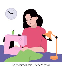 Ilustração vetorial de uma costureira feminina usando uma máquina de costura, simbolizando artesanato, alfaiataria e criatividade, isolada sobre fundo branco.